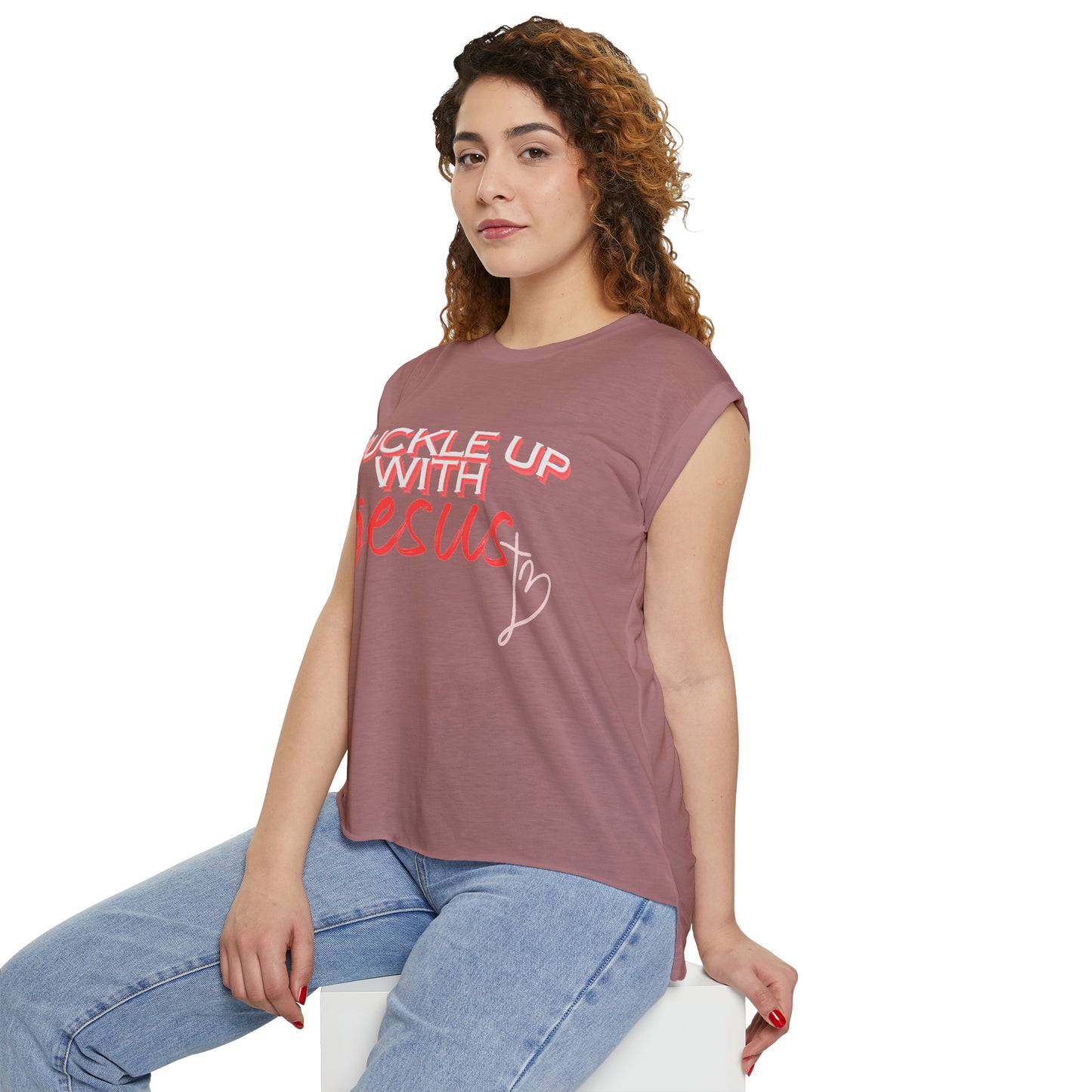 Buckle Up with Jesus - Women’s Flowy Rolled Cuffs Muscle Tee