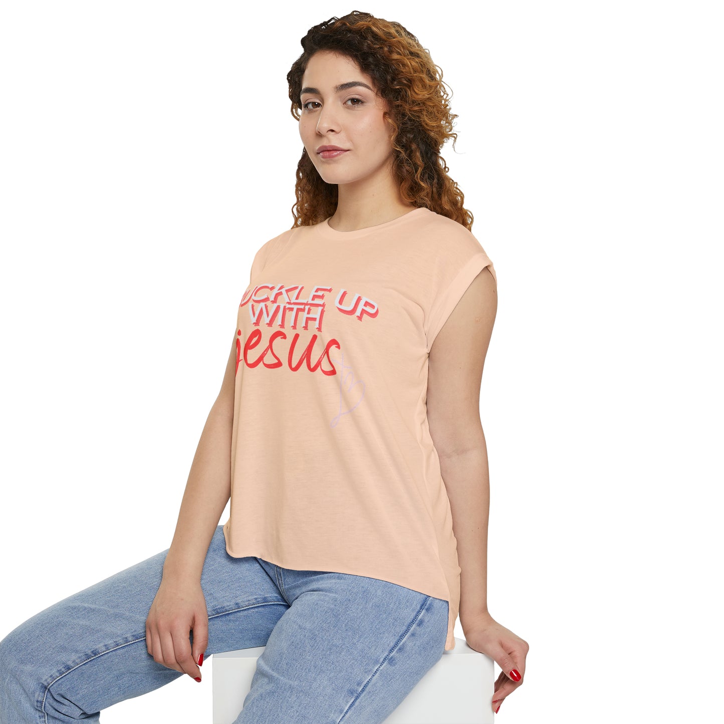 Buckle Up with Jesus - Women’s Flowy Rolled Cuffs Muscle Tee